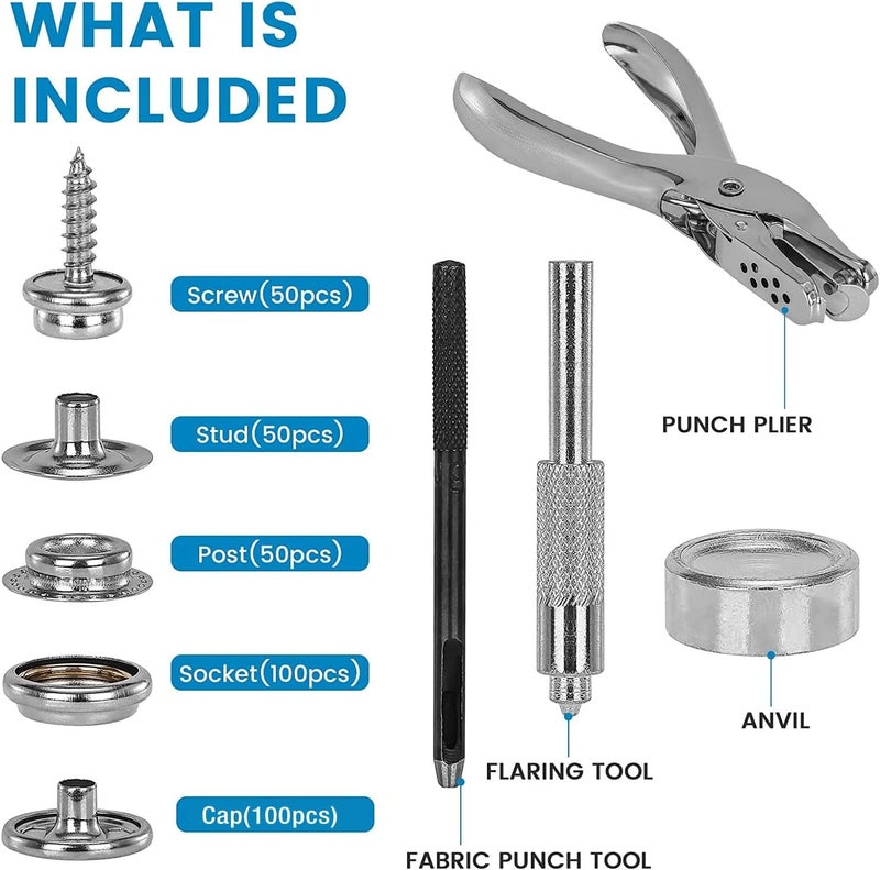 Titoe Canvas Snap Kit, 354PCS Snap Fasteners Kit with Pliers Tool and 2Pcs Setting Tools, Metal Canvas Snaps for Boat Cover Marine DIY (Silver) - Image 2